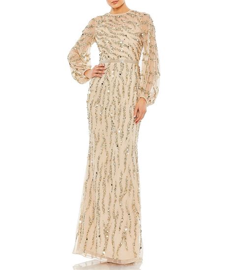 Mac Duggal Beaded Sequin High Jewel Neck Long Sheer Puff Sleeve Gown