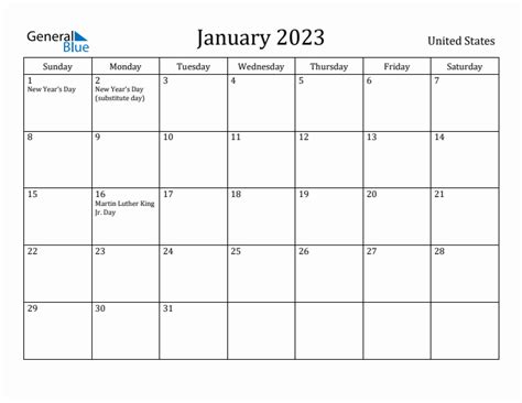 January 2023 Monthly Calendar With United States Holidays