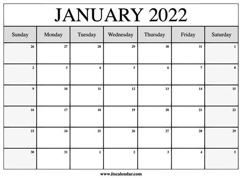 Printable Monthly Calendar January 2022 Calendar Example And Ideas