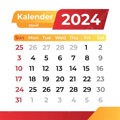 Maret 2024 Gambar Kalender Gaya Gradien Merah Dan Kuning Vektor