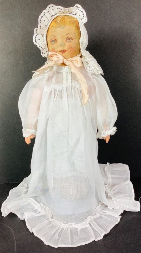 Lot 13 Brückner Mask Face Cloth Doll Wearing Long White Gown And Bonnet