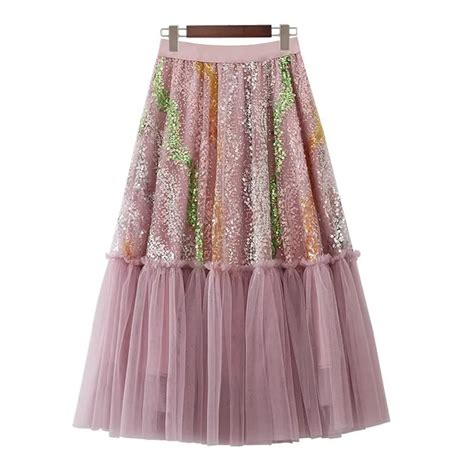 TIGENA Fashionable Sequin Tulle Long Skirt Women Spring Summer