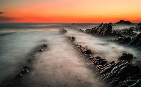 Amazing Rock Formations Orange Sky Ultra Nature Beach Ocean Summer