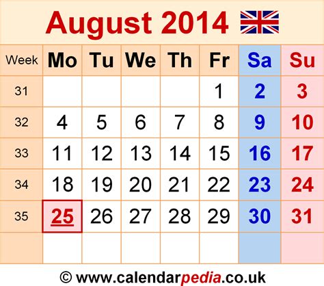 Calendar August 2014 Uk With Excel Word And Pdf Templates