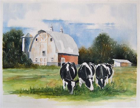 Chorus Line My Painting Of Holstein Cows Grazing In A Pasture Near A