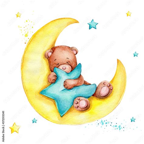 Cute Cartoon Teddy Bear Sleeping On The Moon And Blue Star Watercolor