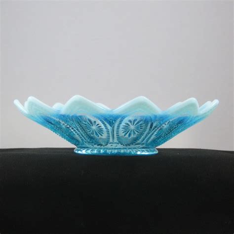 Antique Northwood Blue Opalescent Glass Spoke And Wheels Bowl