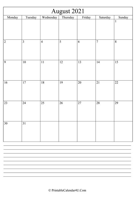Printable August Calendar 2021 With Notes Portrait
