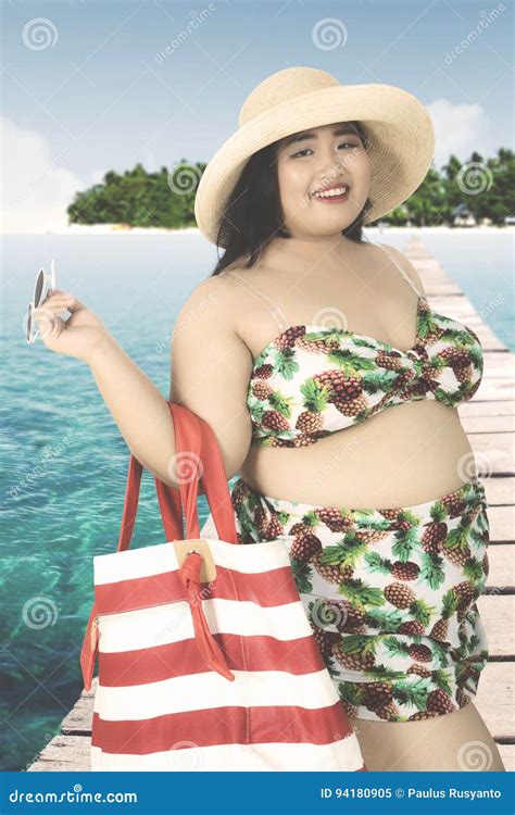 Obese Woman With Bikini On Jetty Stock Image Image Of Obesity Accessory