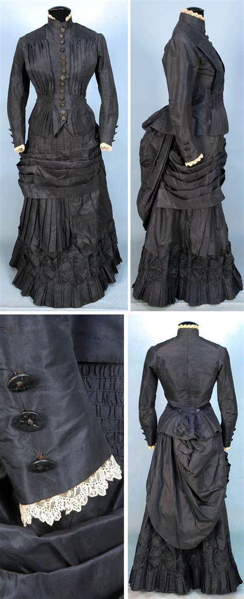 Day Dress Ca 1880s Two Piece Slate Gray Silk Taffeta Peplum Bodice