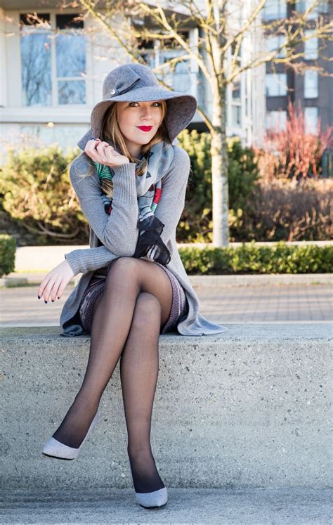 Grey Knit Outfit Knit Outfit Black Pantyhose Fashion