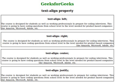 Css Text Align Property Geeksforgeeks