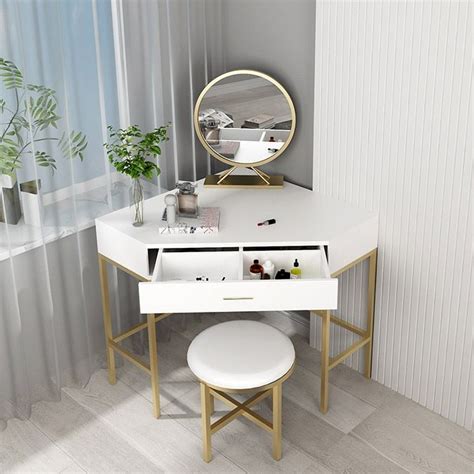 Corner Modern Makeup Vanity Set Dressing Table With Mirror And Stool White