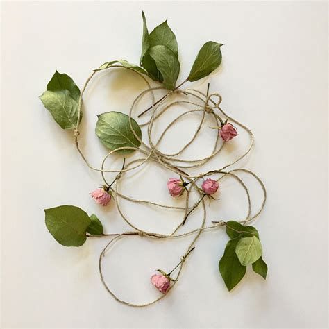 Dried Flower Garland Mini Pink Roses And Green Leaves Strung On Natural