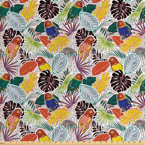 Bird Print Fabric By The Yard Colorful Tropical Forest With Leaves And
