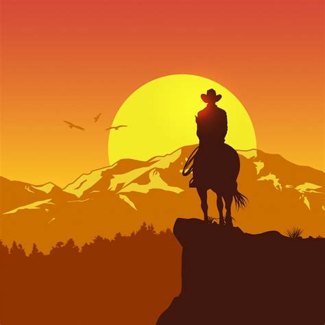 Premium Vector Silhouette Of Lonesome Cowboy Riding Horse At Sunset