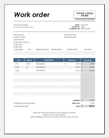Work Order Billinvoice Templates For Excel Excel Templates