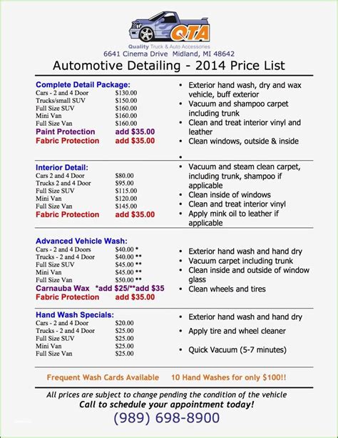 Car Detailing Price List Template How Do You Price A Switches