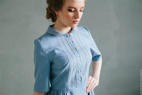 Голубое платье с кружевом и круглым воротником в интернет магазине Ярмарка Мастеров по цене 7100