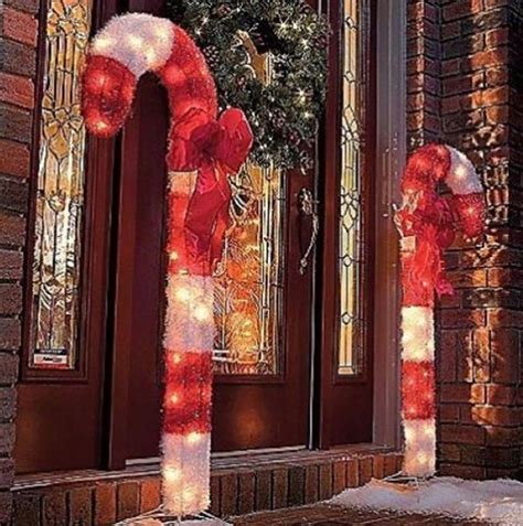 Set Of 2 Lighted Christmas Candy Cane Tinsel Porch Lawn Outdoor Decor