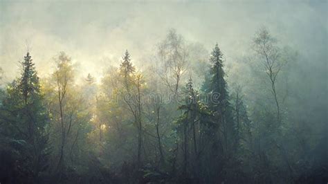 Mystical Forest Landscape In Autumn Morning Fog Scenery In Dreamy