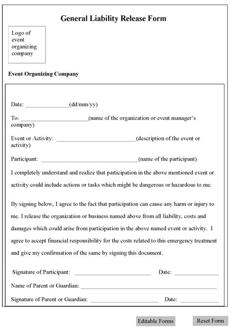 Free Printable Liability Release Form Template
