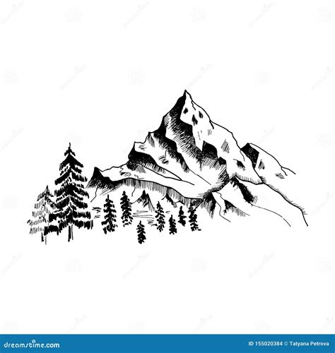 Mountain Sketch Hand Drawn Black Mountains And Forest Isolated On