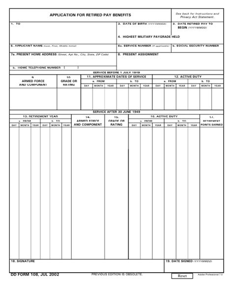 Dd Form 108 Download Fillable Pdf Application For Retired Pay Benefits