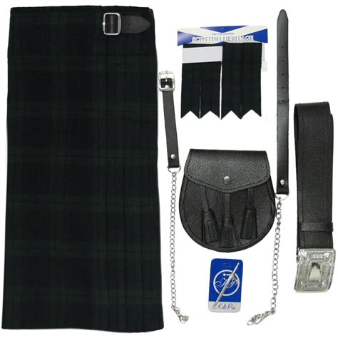Mens Black Watch Tartan 5 Pc Kilt Kit Kilt Sporran Pin Belt Flash 30 54