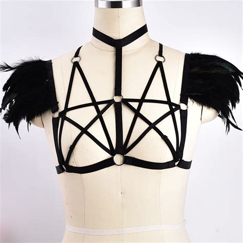 women rave wear pentagram tops harness belt sexy goth feather epaulettes harness bra strap