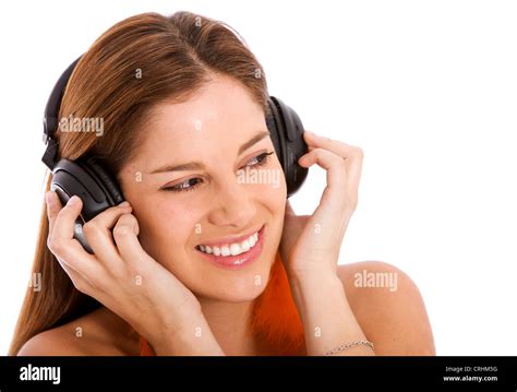 Young Cute Woman Listening To Music With Headphones Smiling Stock