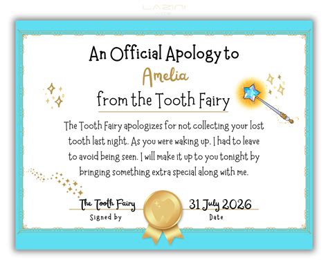 Apology Letter From Fairy Tooth Fairy Apology Certificate Late Excuse