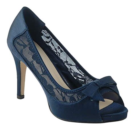 Chic Feet Ladies New Navy Blue Satin And Lace Wedding Bridal Evening High Heel Court Shoes Uk 8