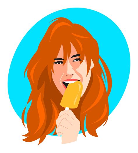 portrait of beautiful woman face with long blonde wavy hair eating biting ice cream on stick