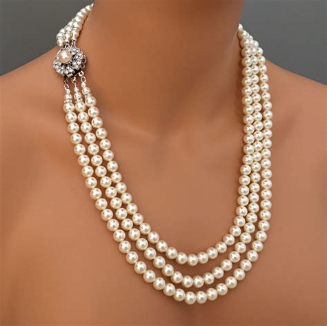 Long Pearl Necklace Set With Earrings Rhinestone Clasp And 3 Strands