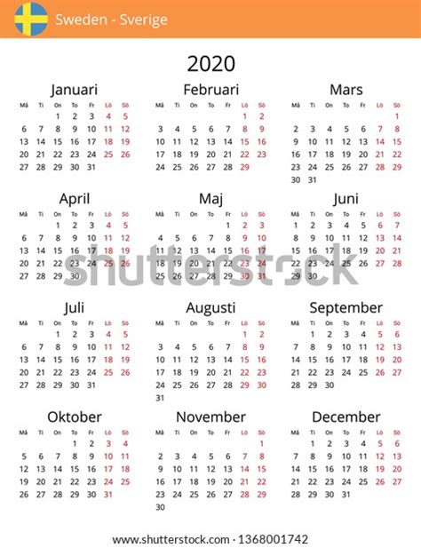 Calendar 2020 Year For Sweden Country Swedish Language In A Portrait