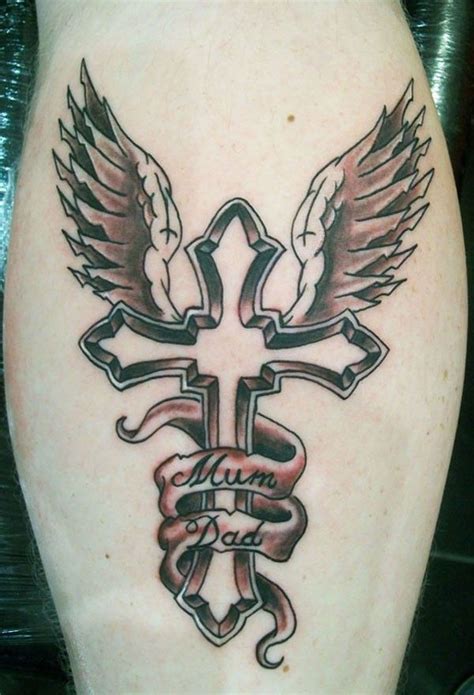 The unique beauty of the behind the ear tattoos: Memorial cross with wings mum dad tattoo | Тату