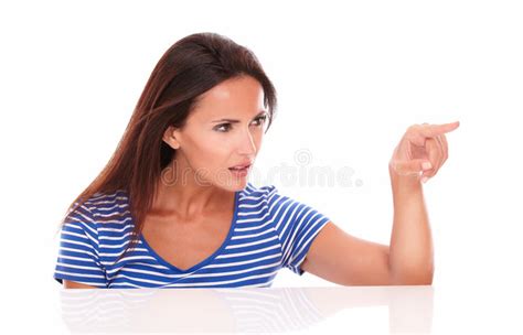 Pretty Lady In Blue T Shirt Gesturing Selecting Stock Image Image Of Copyspace Adult 47364023
