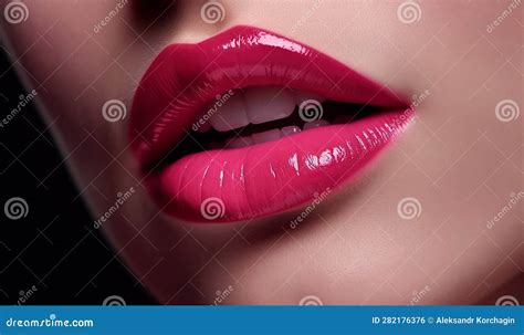 Woman Lips With Pink Lipstick And A Sexually Open Mouth Close Up