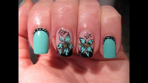 Nail Art Black French With Turquoise Flower Youtube