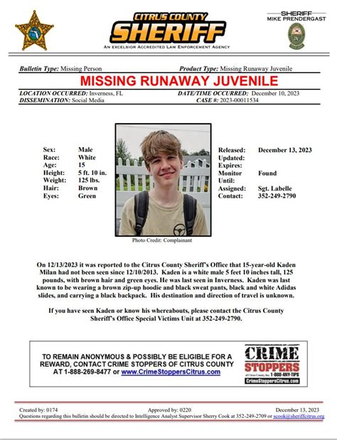Missing Runaway Juvenile Citrus County Sheriffs Office