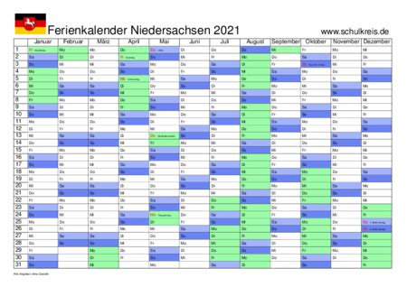Termine der ferien 2021 in deutschland. Schulferien-Kalender Niedersachsen 2021 mit Feiertagen und ...