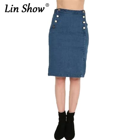 Linshow Solid Blue Denim Pencil Skirt Button Summer Ol Style Office Skirt Fashion 2016 New Sexy