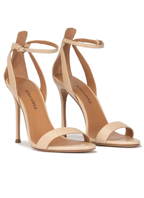 Ankle Strap High Heel Sandals In Beige Leather Pura Lopez