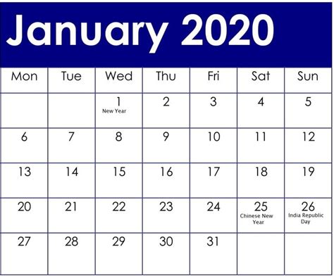 January 2020 Calendar With National Holidays Calendar Template