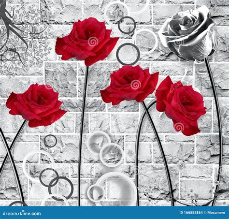 3d Mural Wallpaper Red Flowers And Circles In Black And White Wall