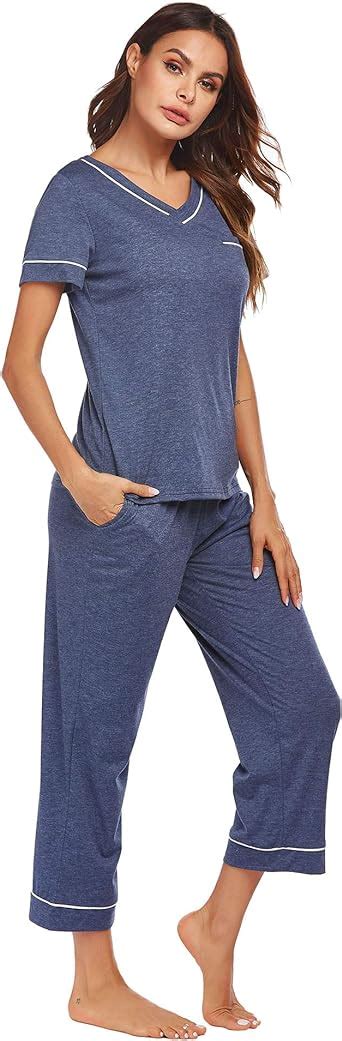 Adome Womens Pyjama Set V Neck Short Sleeve Nightshirt Tops And Bottom Loungewear Pj Sets Amazon