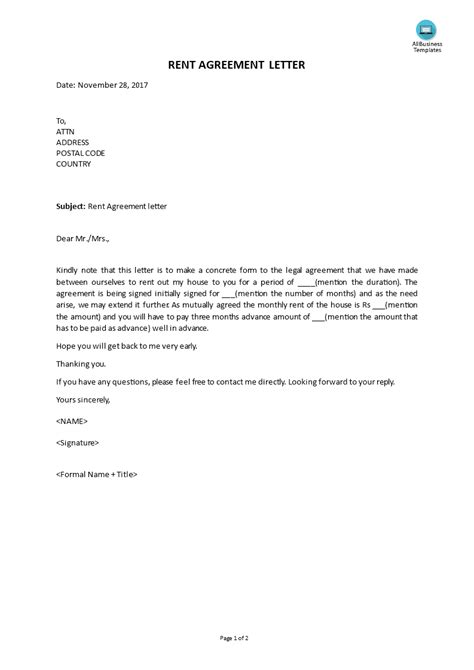 Rent Agreement Letter Templates At