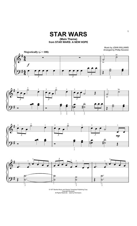 This is the sheet music for the main theme of star wars (starwars?). Star Wars Main Theme (Arr. Phillip Keveren) Sheet Music | John Williams | Big Note Piano