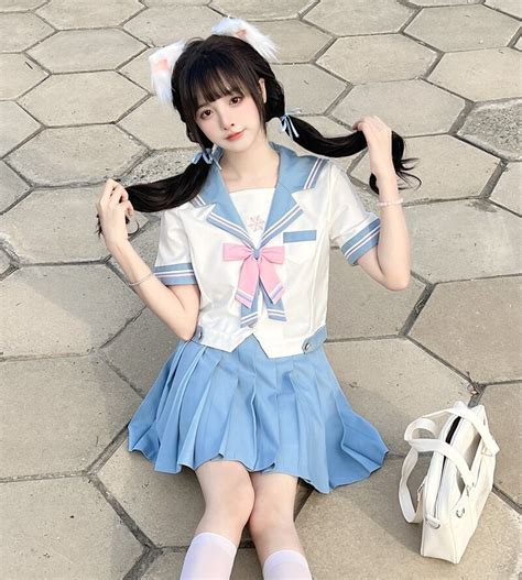 Cute Japanese Light Blue Jk Sailor Uniform Skirt Suit Kawaii Fashion
